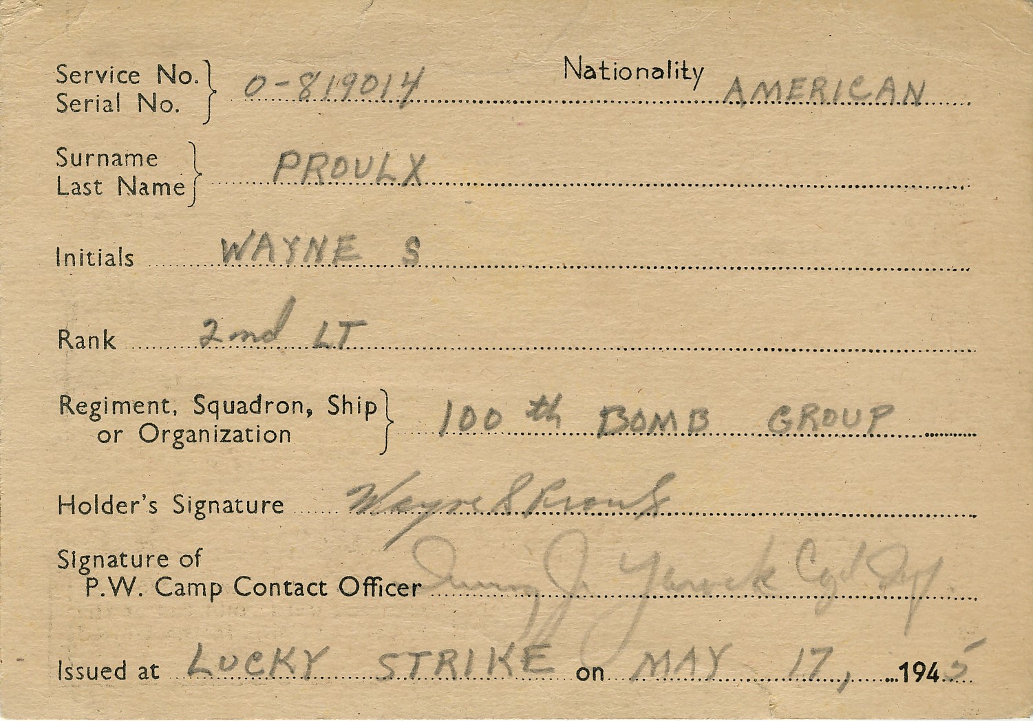 Wayne's ID card from Camp Lucky Strike.