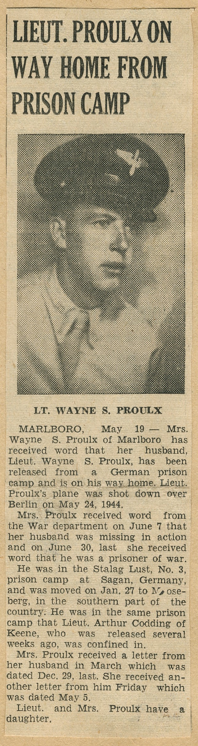 Newspaper posting stating Wayne was on his way home from the prison camp.