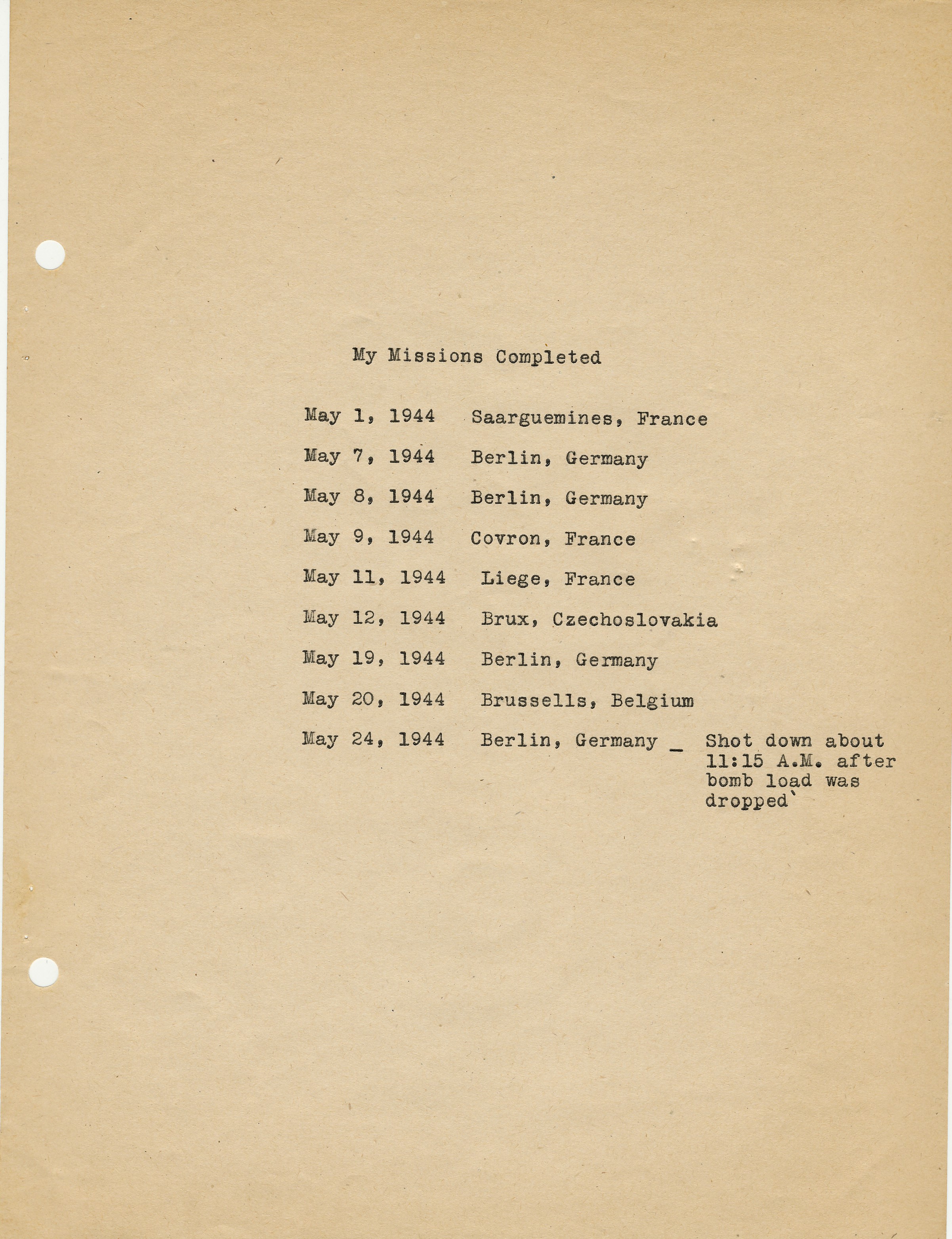 List of missions flown by Wayne